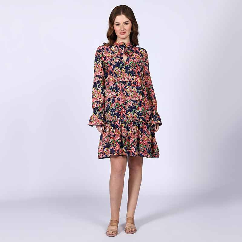 Saint Nerina blue multi bloom mini dress for women UK, front view with tie neck.