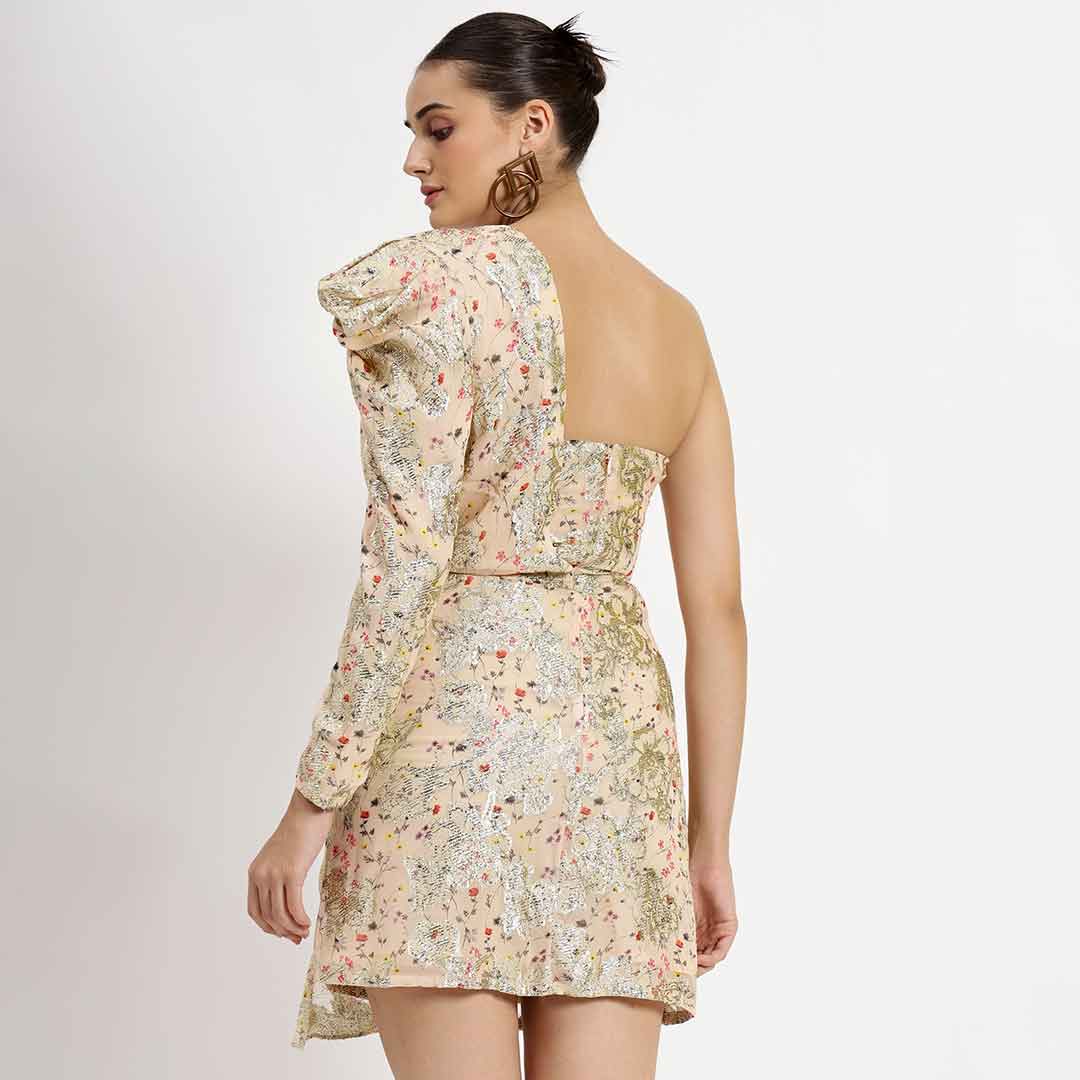 Women's off white lurex short dress by Saint Nevaeh, back view showing one-shoulder ruffle.ac