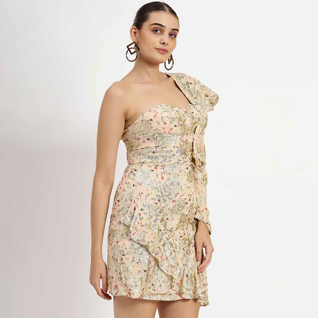 Saint Nevaeh off white lurex short dress for women UK, full front view.