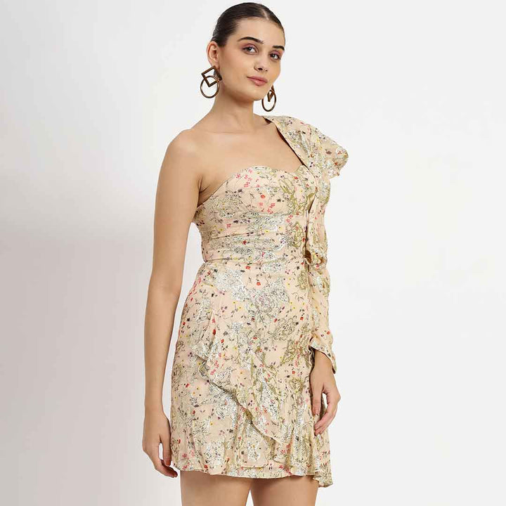 Saint Nevaeh off white lurex short dress for women UK, full front view.