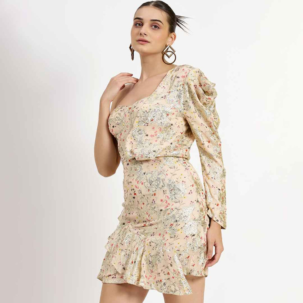Women's off white lurex short dress by Saint Nevaeh, three-quarter front view.