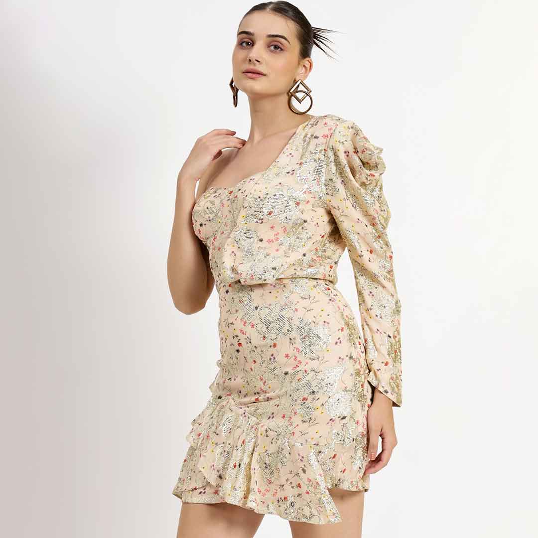 Women's off white lurex short dress by Saint Nevaeh, three-quarter front view.