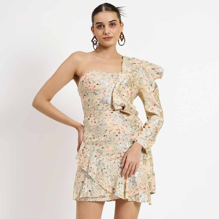 Saint Nevaeh off white lurex short dress for women UK, front view with one-shoulder ruffle.