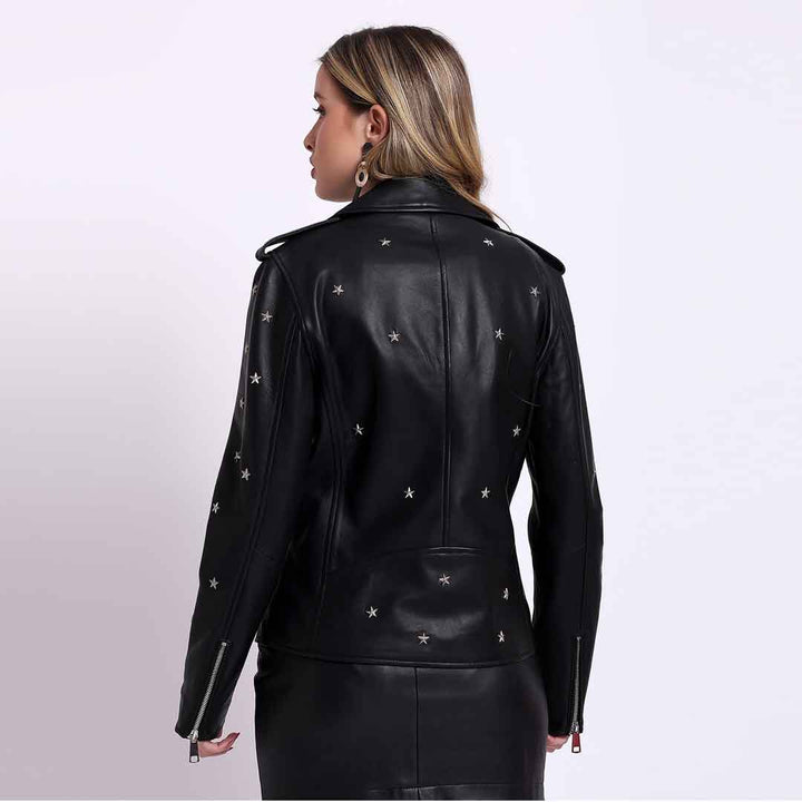 Saint Neve black leather collar jacket UK, back view showing scattered star stud detailing