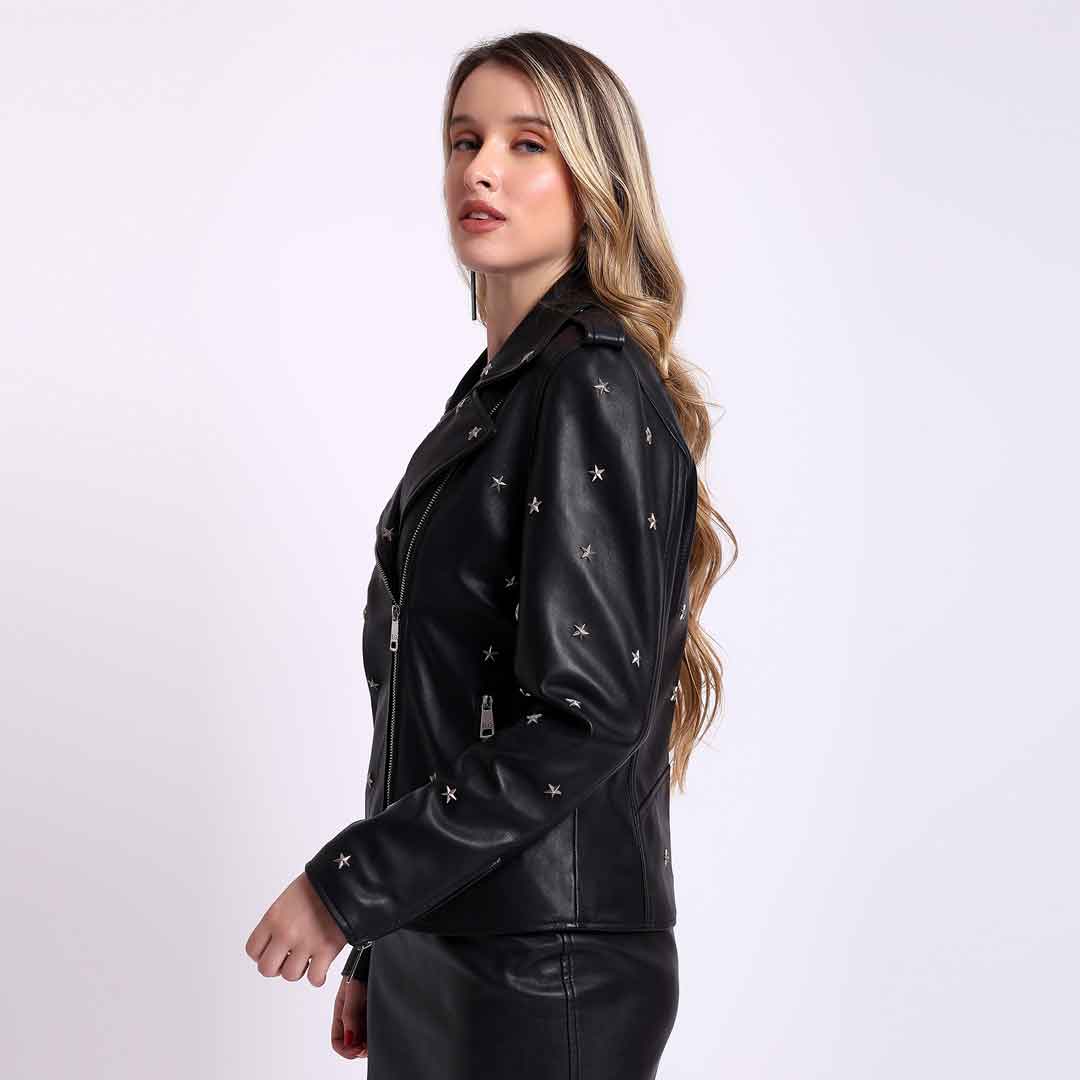 Black leather biker jacket for women UK, side view showing wide notched collar