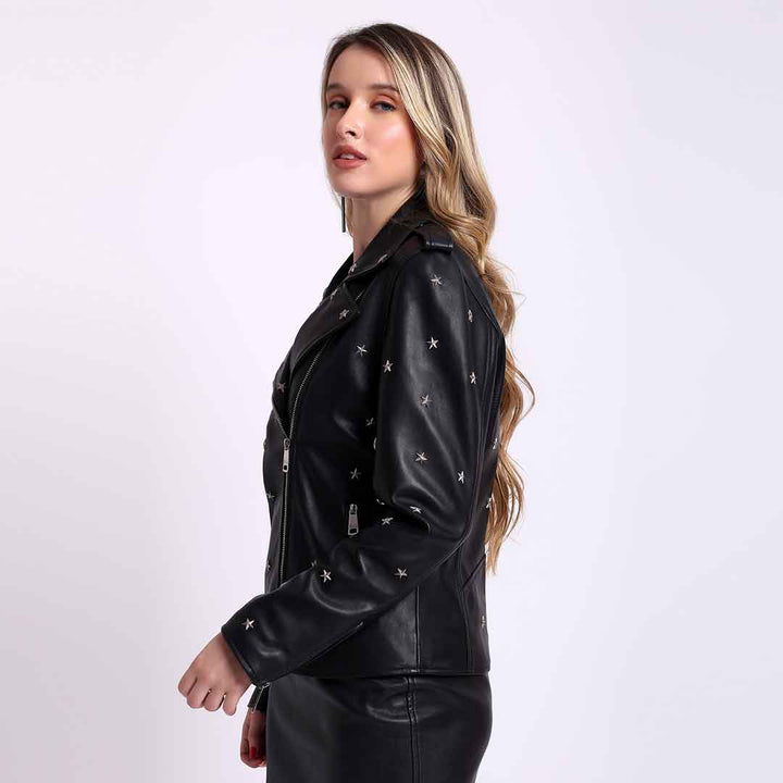 Black leather biker jacket for women UK, side view showing wide notched collar