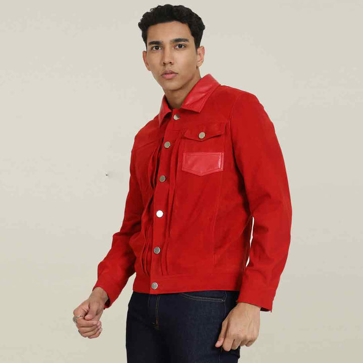 Angled view of a man wearing a red suede jacket with a leather collar.