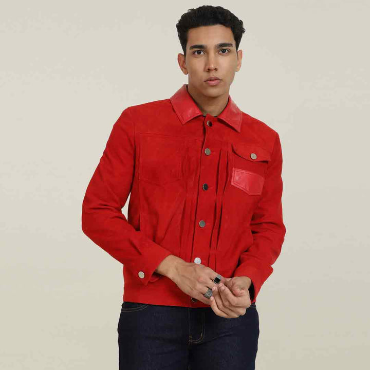 Man wearing a red suede jacket with a leather collar.