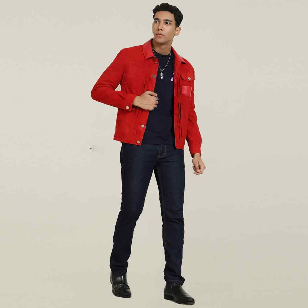 Full-length shot of a man wearing a red suede jacket with a leather collar.