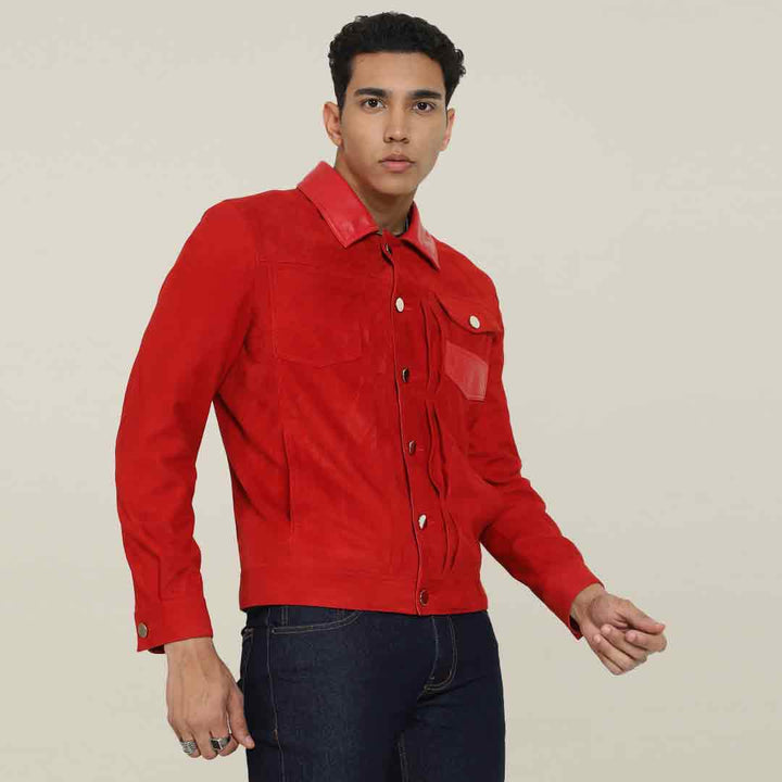 Side view of a man wearing a red suede jacket with a leather collar.