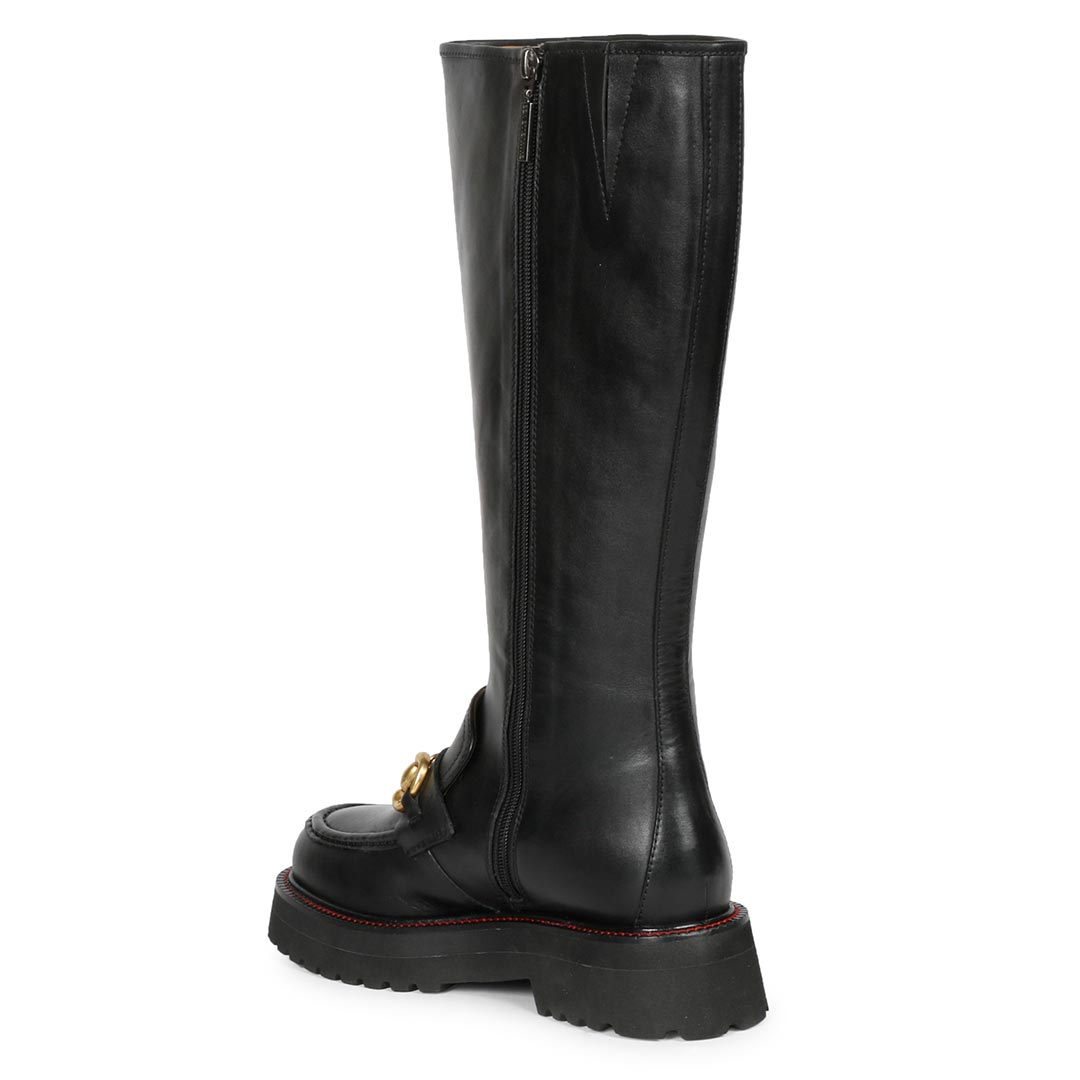 Saint Noble black leather knee high boots, angled back view of horse bit buckle