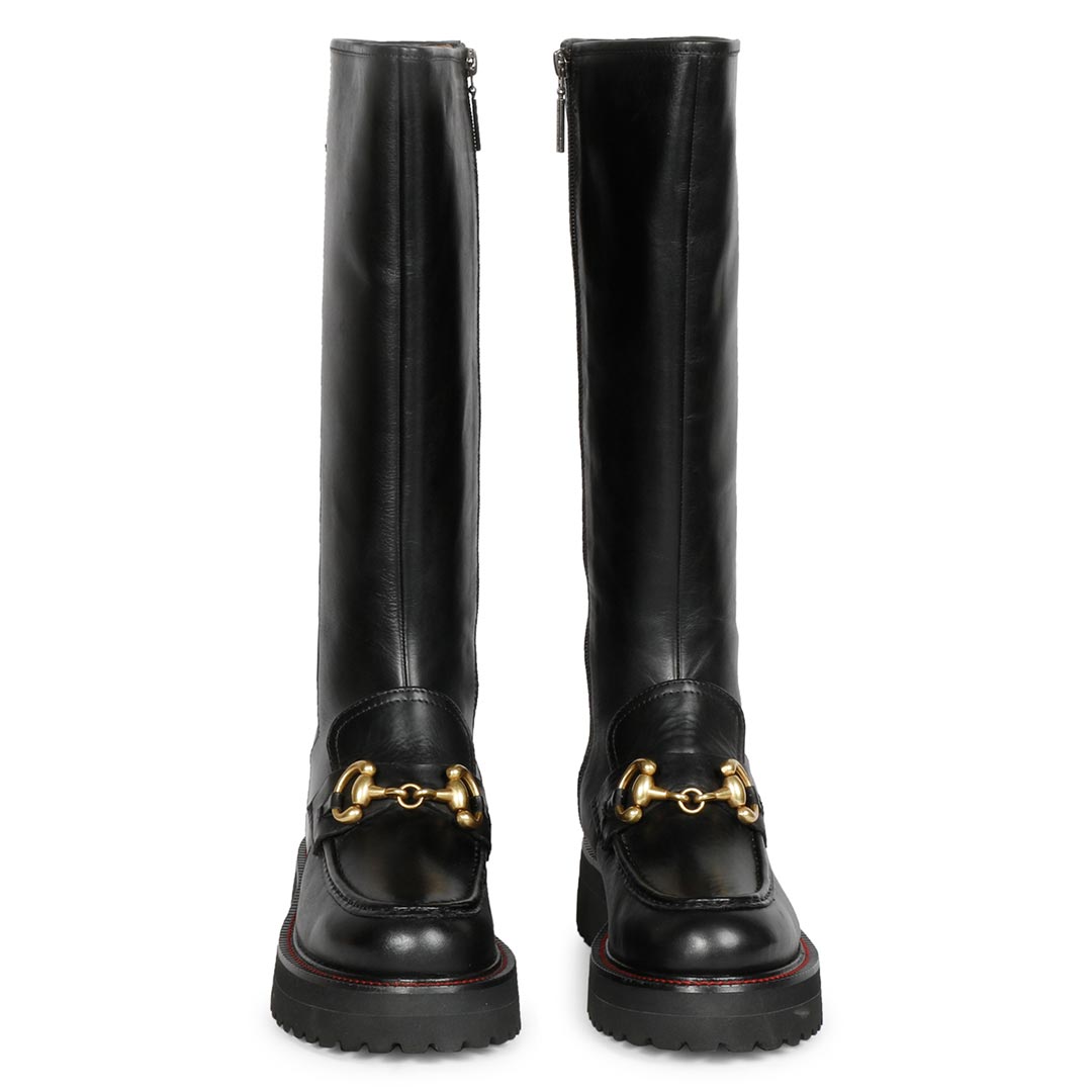 Women's black leather knee high boots, front pair view of horse bit buckle