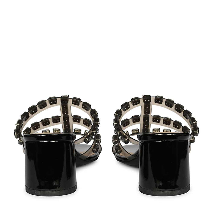 black low block heel shoes embellished strap – back detail view