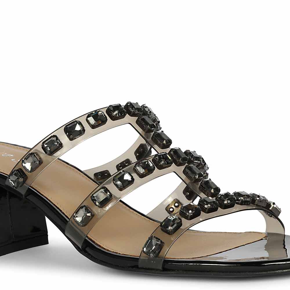 Low Block Heel sandal with gemstone embellishments on a white background | Closeup view