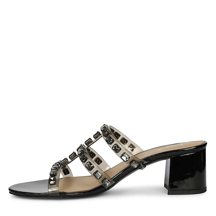 Metallic black low block heel sandals – left side view