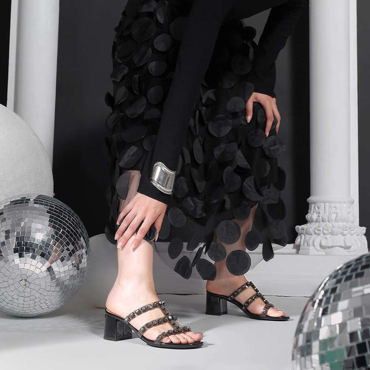 black low block heel shoes with stone detail – pair angle view