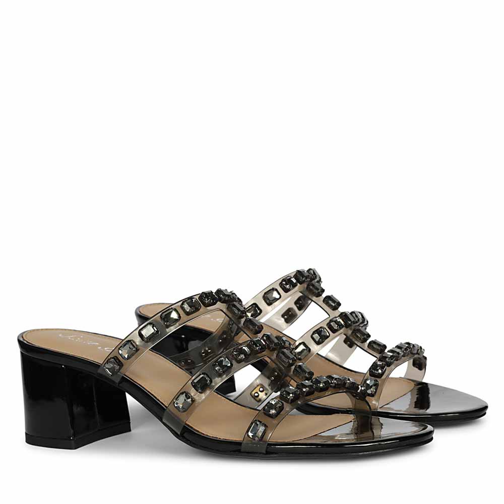 Low block heels for women black stone embellished – pair side profile