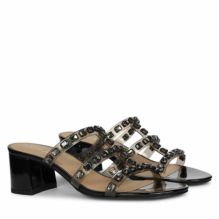 Low block heels for women black stone embellished – pair side profile