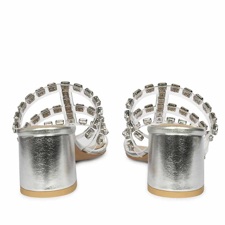 Silver low block heel shoes embellished strap – back detail view