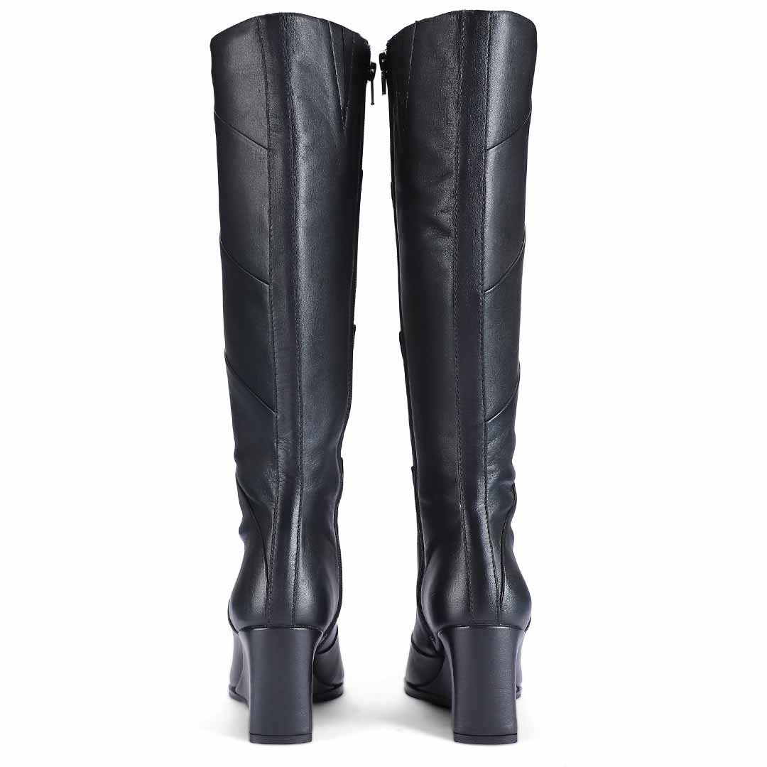 Saint Novara black leather knee high boots, back pair view showing wedge heel