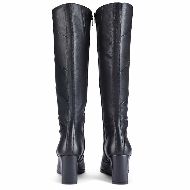 Saint Novara black leather knee high boots, back pair view showing wedge heel