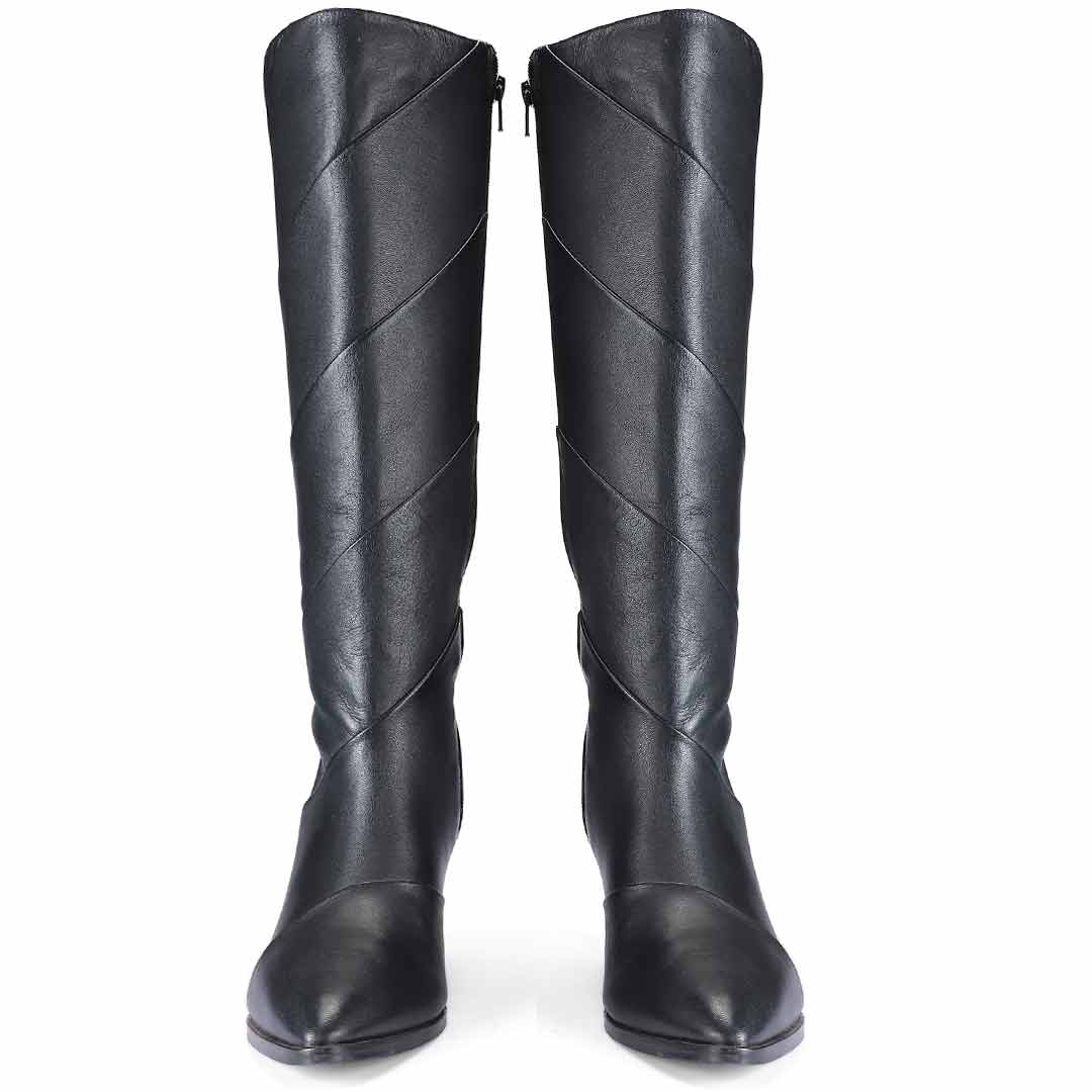 Women's black leather wedge knee high boots, front pair view