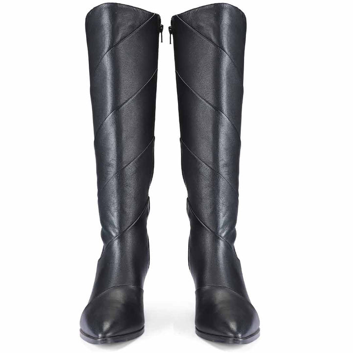 Women's black leather wedge knee high boots, front pair view