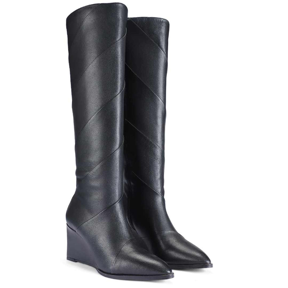 Black leather knee high boots for women UK, pair view showing folded diagonal seam