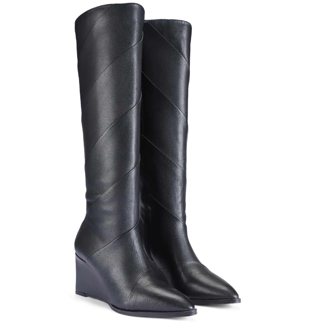 Black leather knee high boots for women UK, pair view showing folded diagonal seam