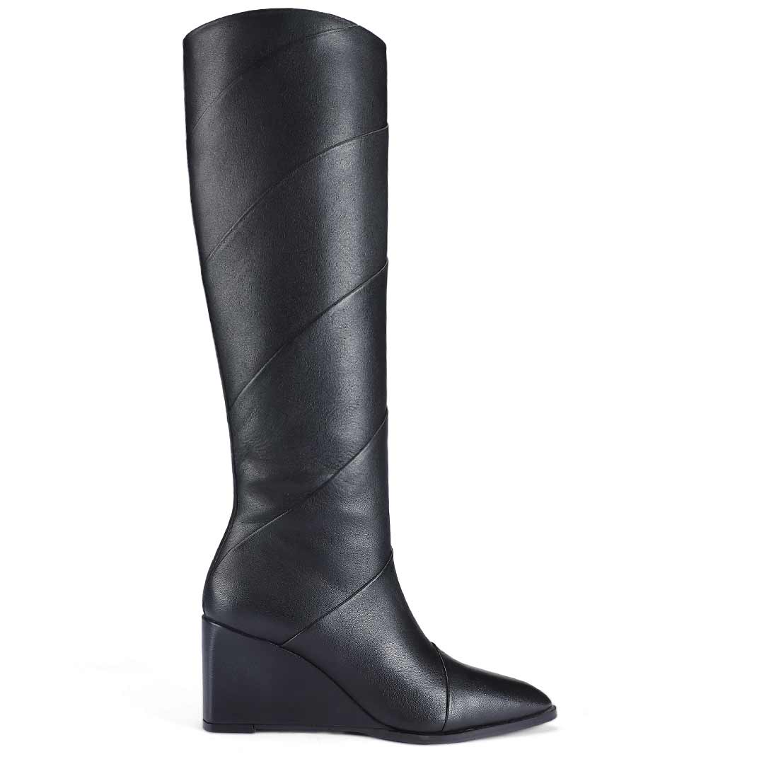 Saint Novara folded black leather wedge knee high boots for women, side view of diagonal seam detail