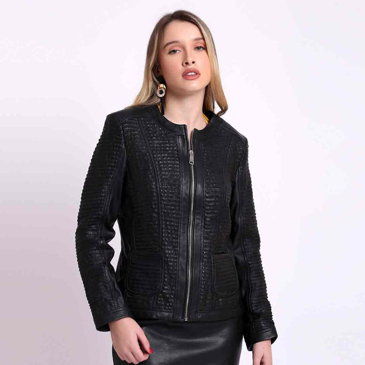Saint Oaklynn black leather quilted jacket for women UK, front view with collarless neckline