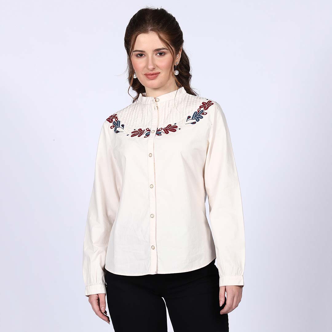 Women's off-white floral embroidered cotton top for women UK, full front view.