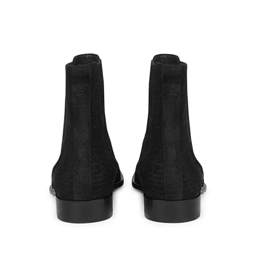 Black Croco Suede Chelsea Boots for Men, Back View - Handcrafted Leather UK