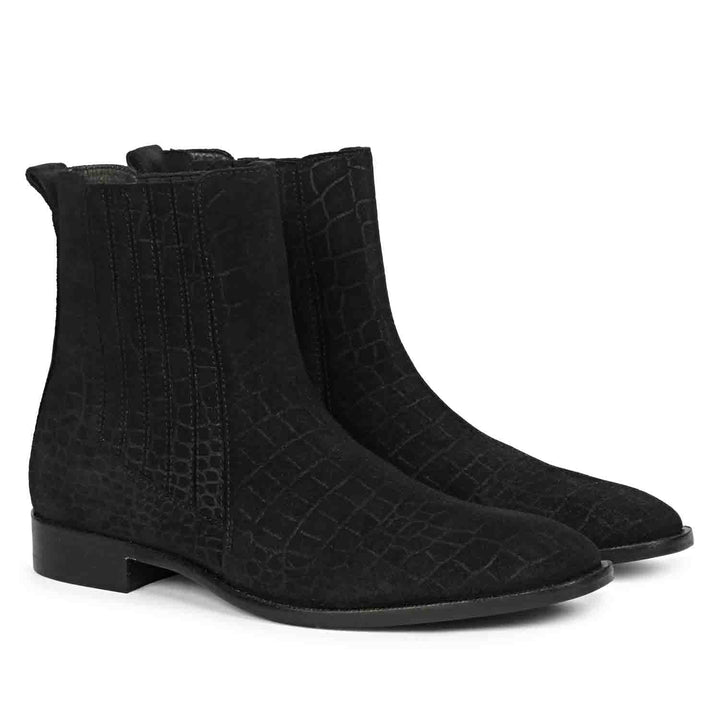 Men's Black Croco Suede Chelsea Boots, Pair View - Best Leather Boots UK