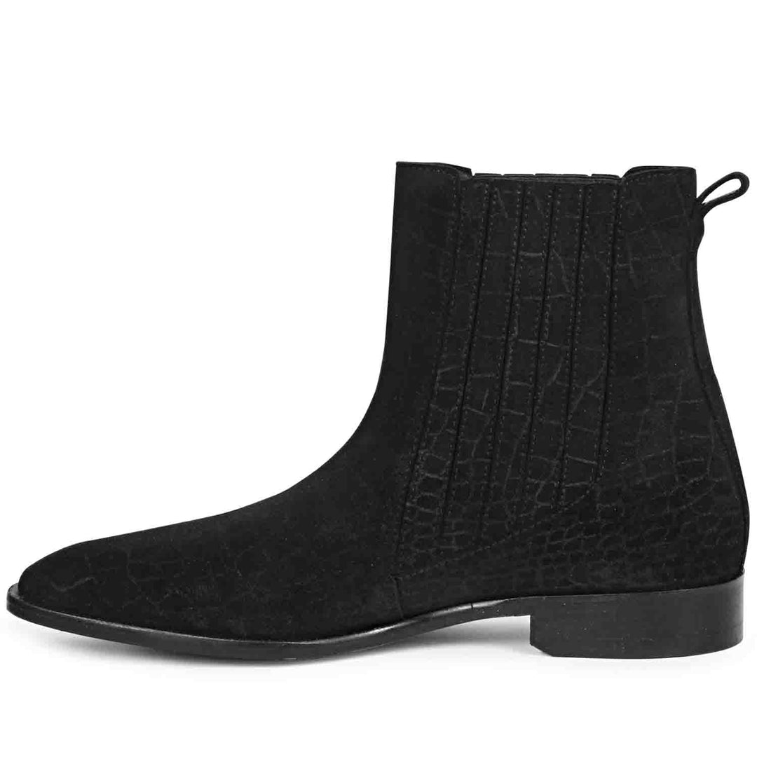Best Men's Black Croco Print Suede Boots, Angled Side View - Handcrafted Chelsea UK