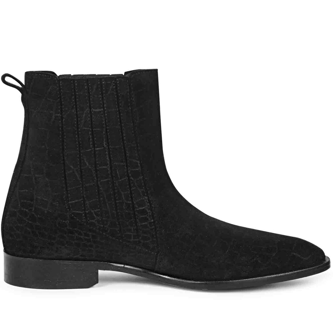 Best Men's Black Croco Print Suede Chelsea Boots - Side View, Handcrafted UK