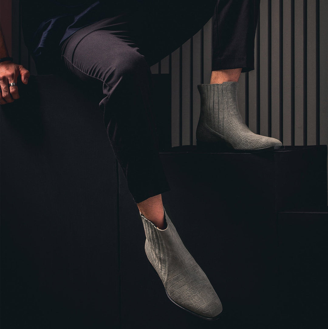 Saint Ollie luxury chelsea boots men grey croco suede – lifestyle shot
