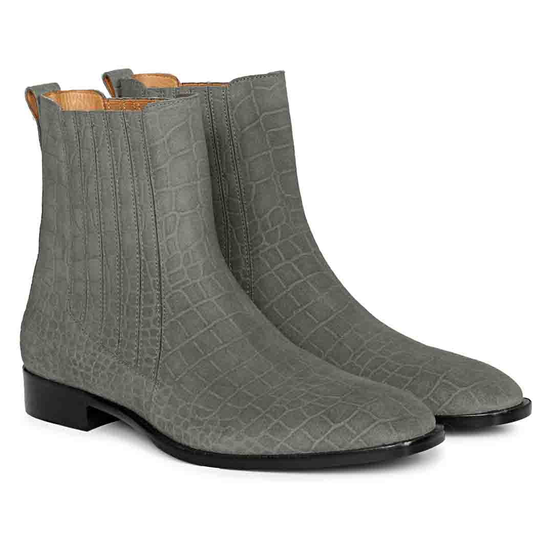 Saint Ollie designer chelsea boots men grey croco suede – pair angle view