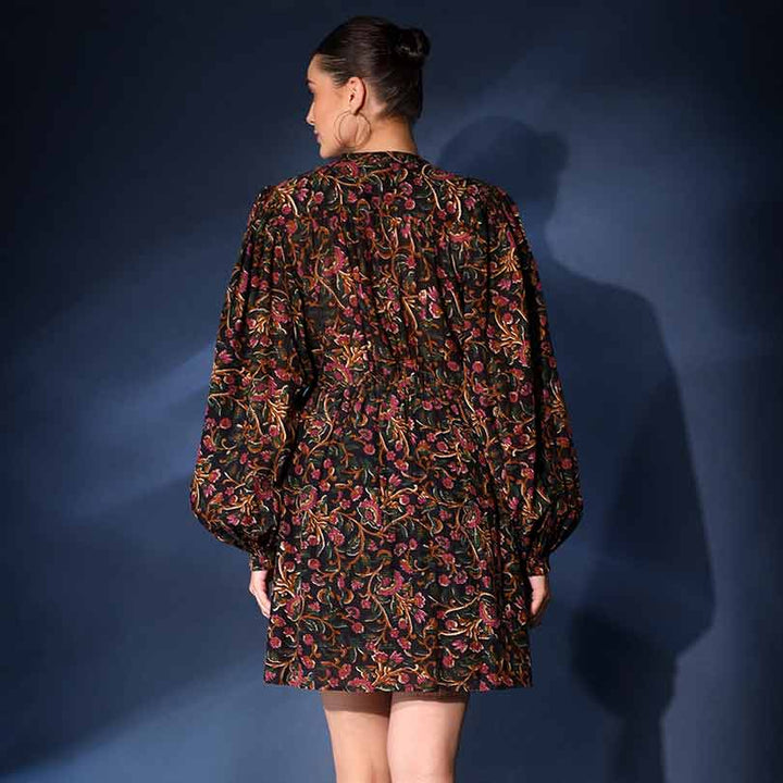 Women's navy multicolour floral short dress by Saint Onyx, back view.