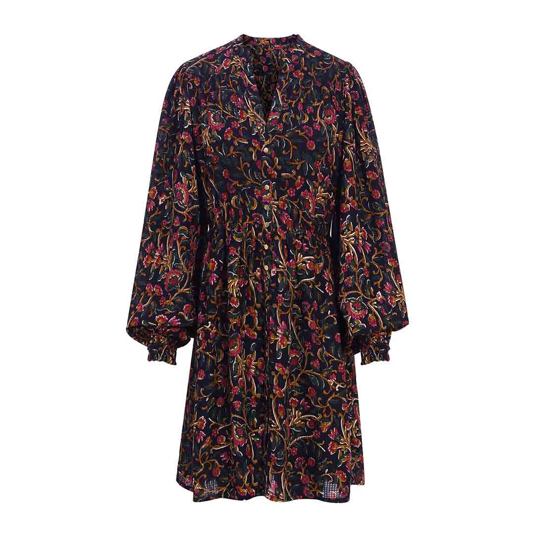 Saint Onyx navy multicolour floral short dress for women UK, shown flat with bishop sleeves.