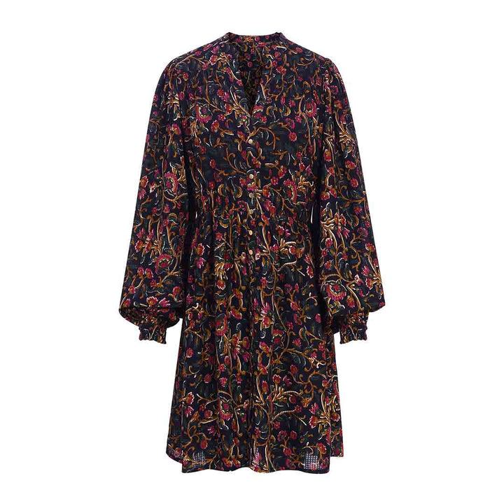 Saint Onyx navy multicolour floral short dress for women UK, shown flat with bishop sleeves.