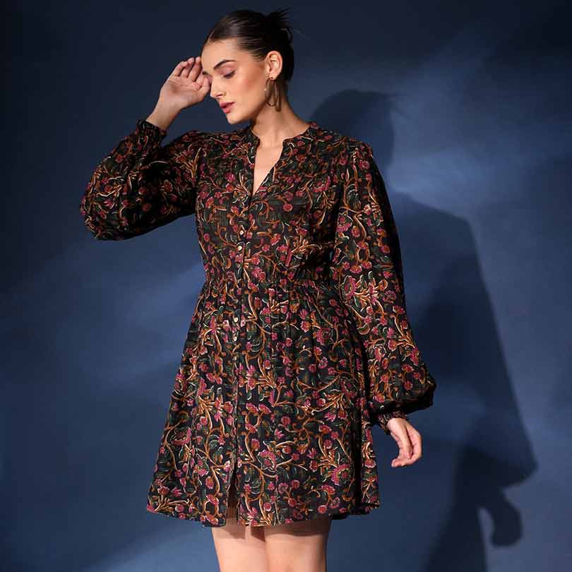Saint Onyx navy multicolour floral short dress for women UK, three-quarter front view.