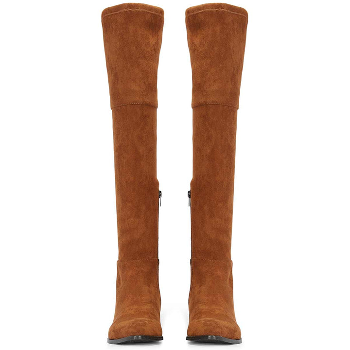 Women's tan stretch suede above the knee boots UK, front pair view