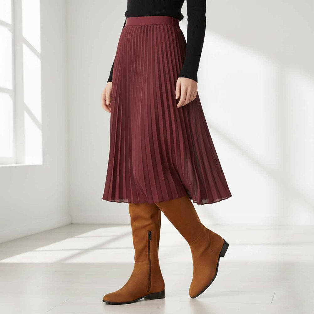 Women's tan suede above the knee boots UK by Saint Ophelia, styled walking lifestyle shot