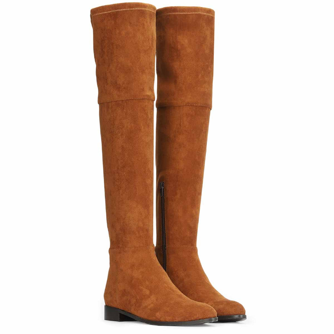 Tan stretch suede above the knee boots for women UK, pair view showing foldover cuff