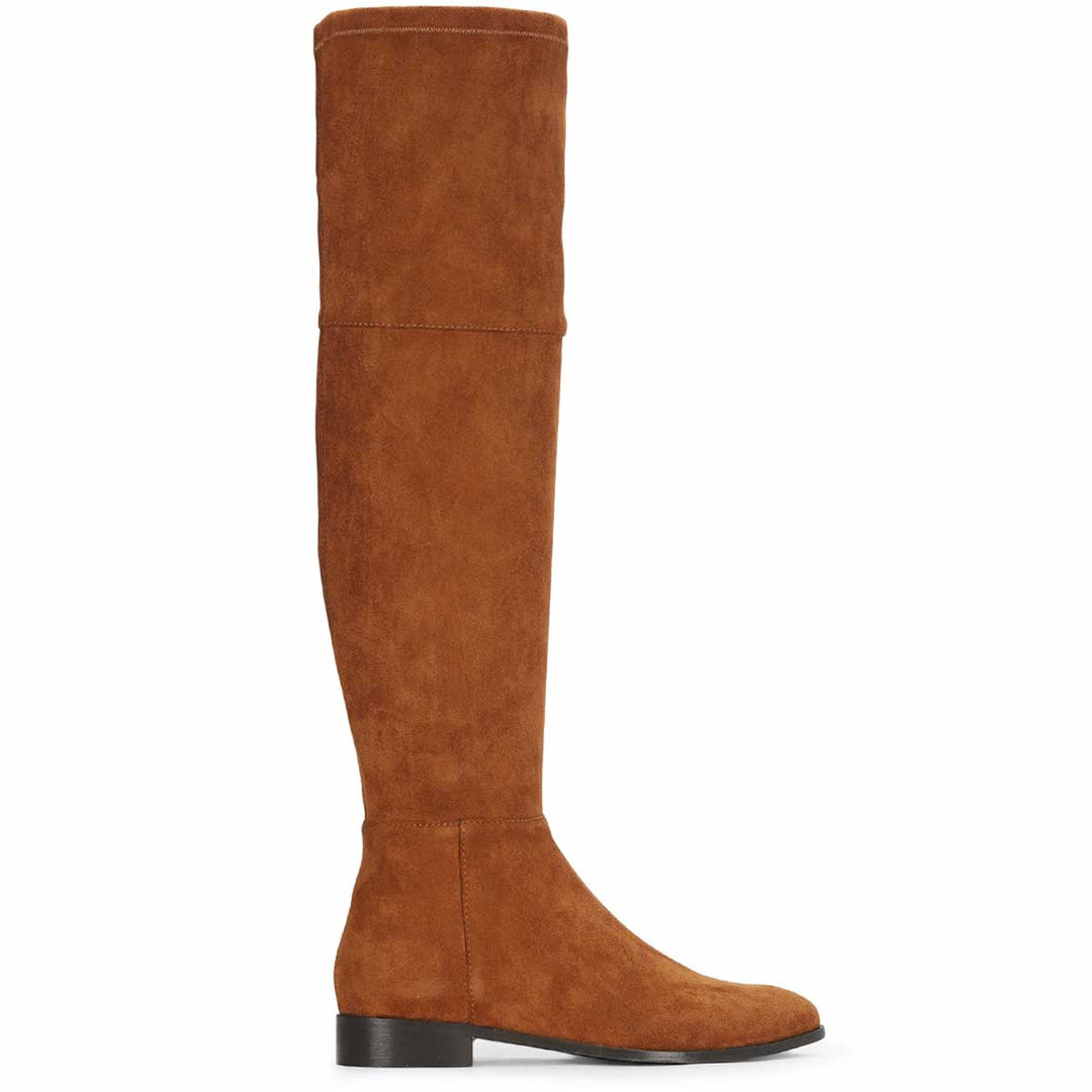 Saint Ophelia tan stretch suede above the knee boots for women UK, side view with flat heel