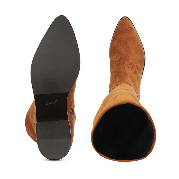 Saint Ophelia tan stretch suede boots UK, interior and sole view