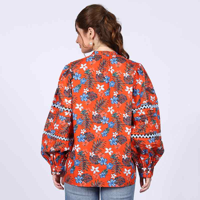 Women's orange multicolour floral cotton top for women UK, back view.