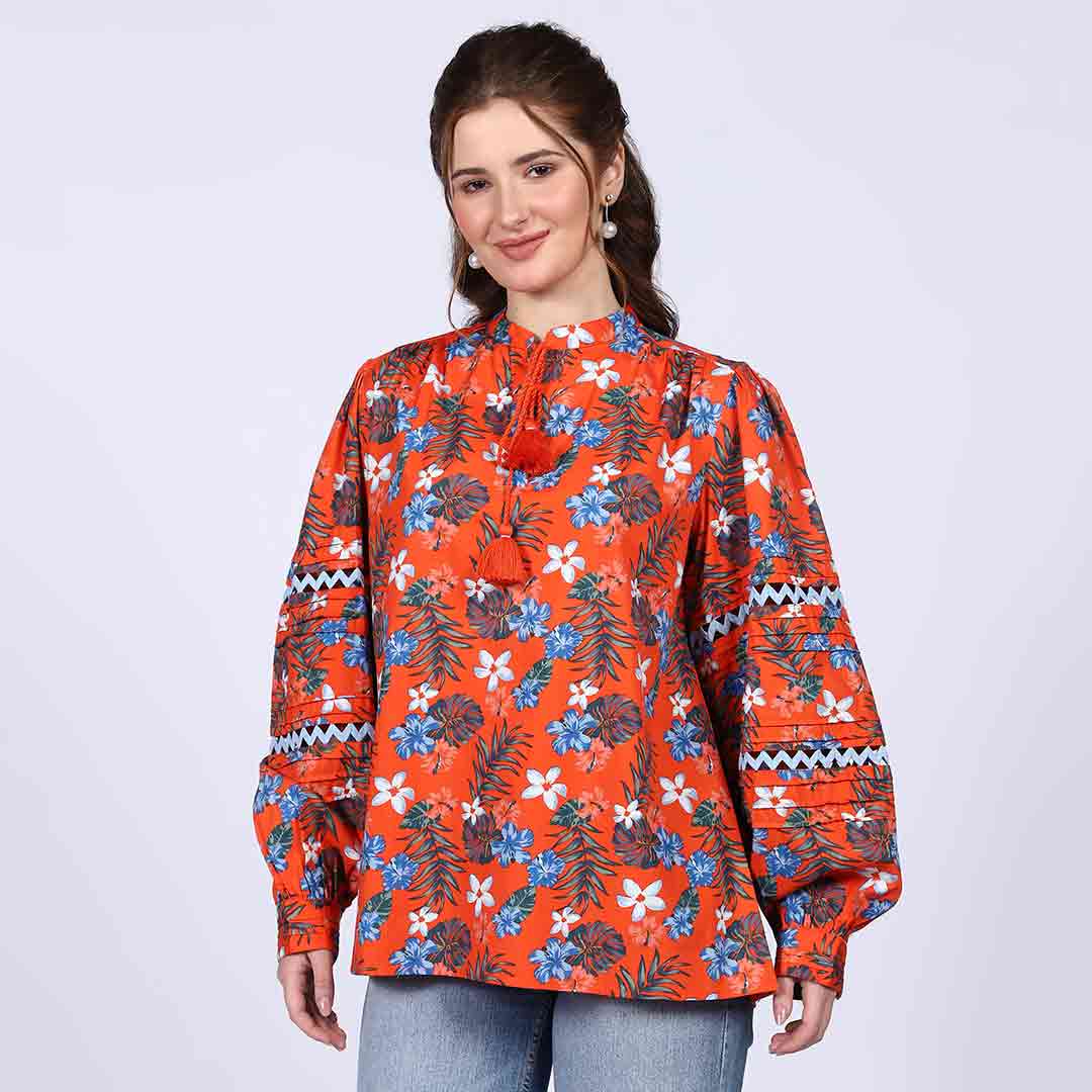 Women's orange multicolour floral cotton top for women UK, full front view.
