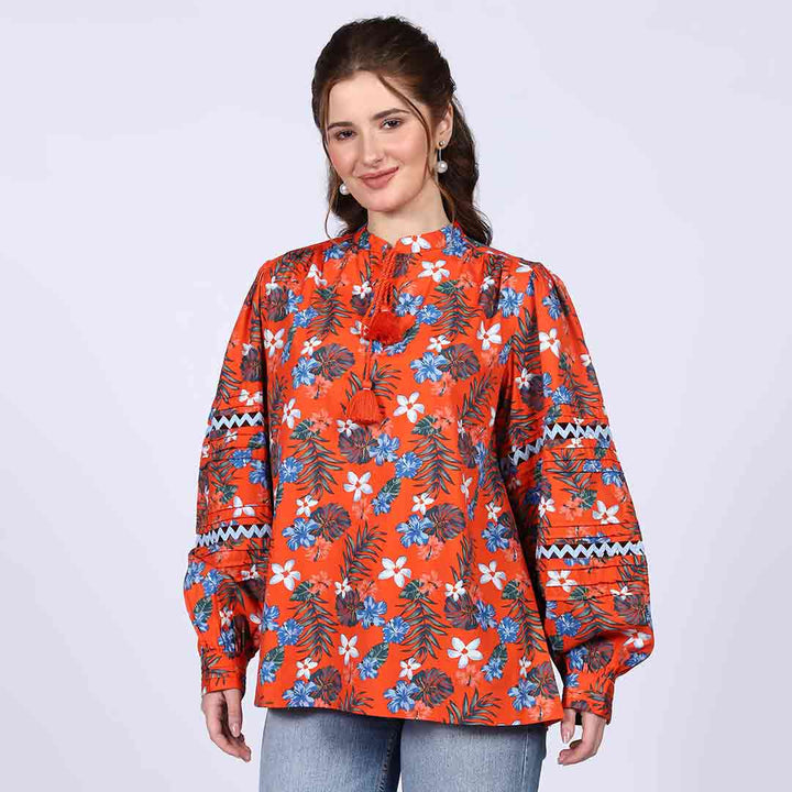 Women's orange multicolour floral cotton top for women UK, full front view.